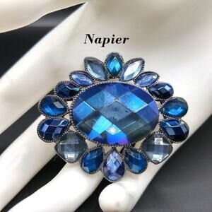 Napier Blue Rhinestone Oval Brooch, Gunmetal Gray Backing, 2 1/8 Inches